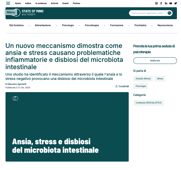 Articolo "L'ansia e la depressione causati dal meccanismo anti-infiammatorio del cervello" di Massimo Agnoletti pubblicato su MedicoLive Magazine.